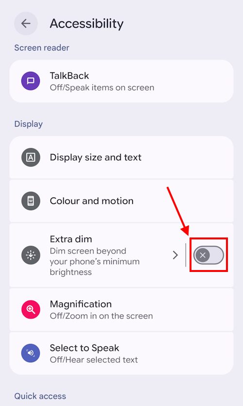 Tap the toggle switch for Extra dim to turn it on